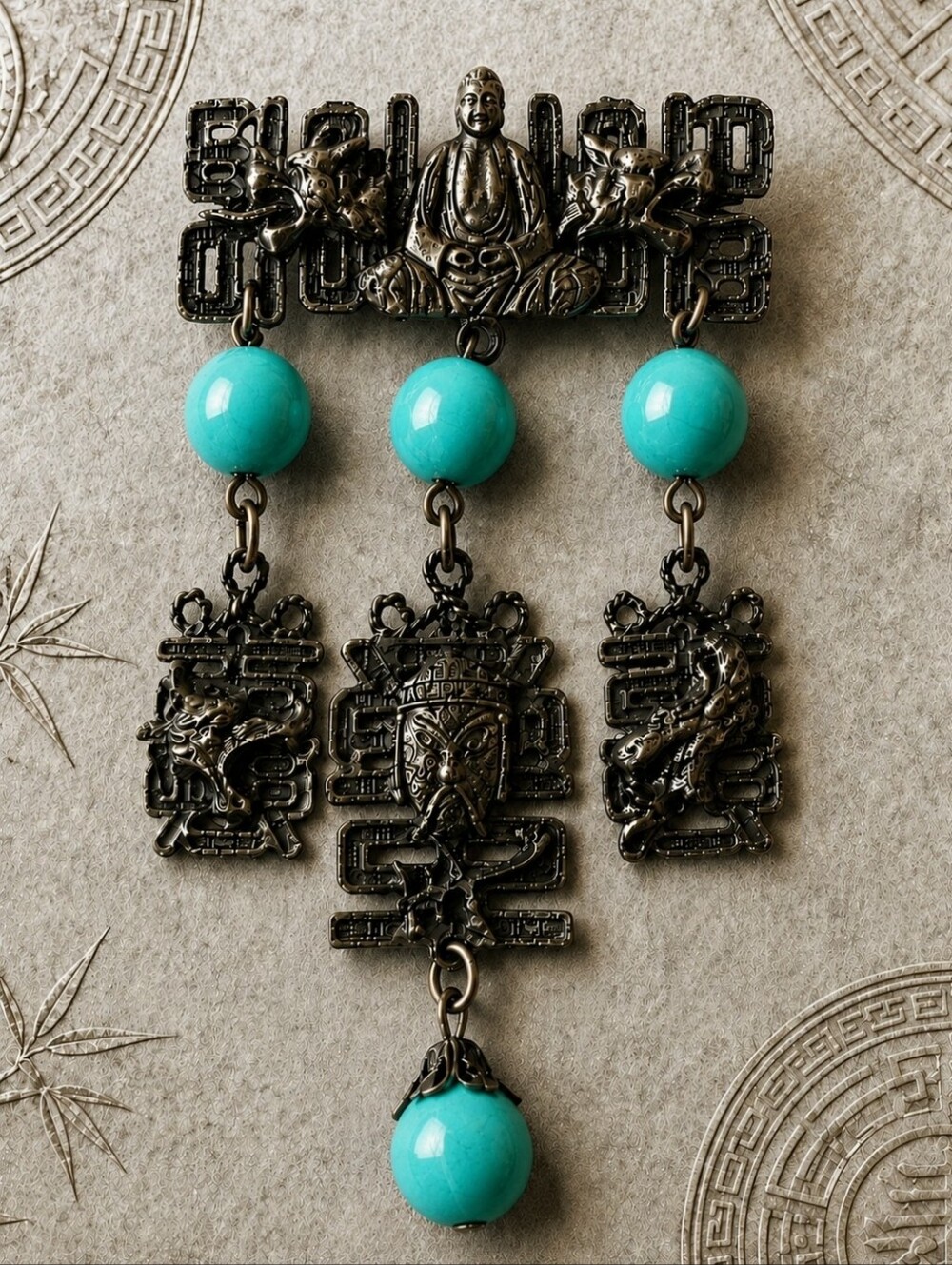 Asian Inspired Ethnic Faux Green Turquoise Metal Buddha Brooch Pewter Tone EUC